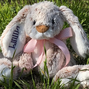 Op de afbeelding: Een pluche konijn met een lichtbruin en wit vachtpatroon, zittend in groen gras. Het konijn heeft lange, slappe oren, een bruine neus en een roze strik met stippen. De naam "Linus" is op &eacute;&eacute;n oor geborduurd.