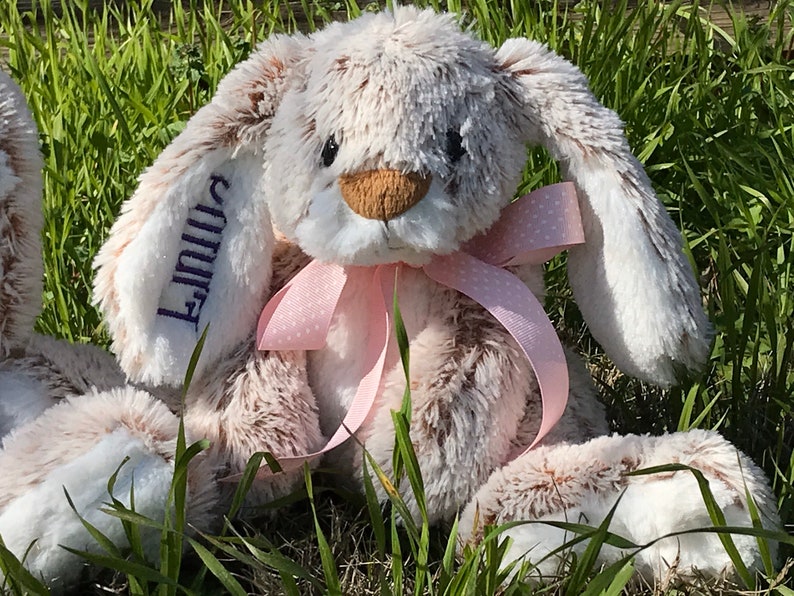 Op de afbeelding: Een pluche konijn met een lichtbruin en wit vachtpatroon, zittend in groen gras. Het konijn heeft lange, slappe oren, een bruine neus en een roze strik met stippen. De naam "Linus" is op &eacute;&eacute;n oor geborduurd.