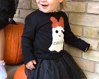 Halloween kids tops, ghost shirts, boo, halloween spirit, ghost and bow, trick or treat fun, halloween, festive, vinyl shirt, trick or treat