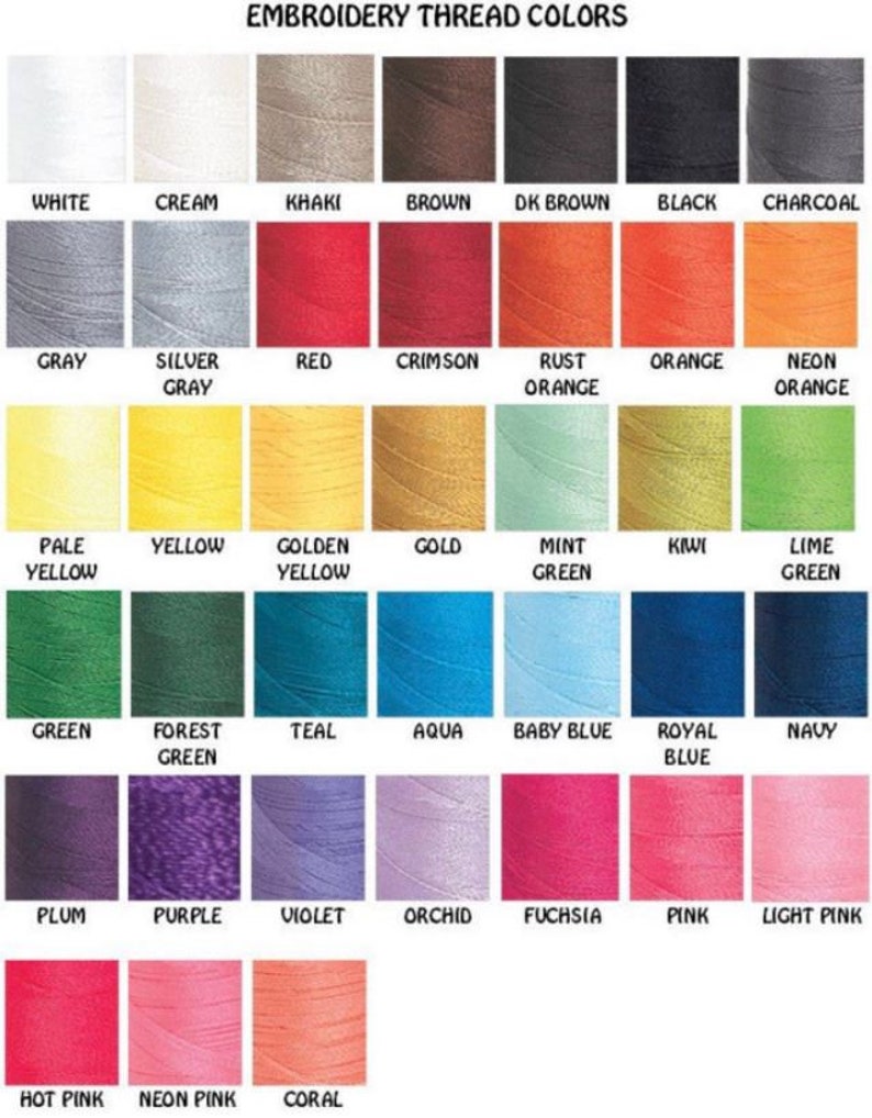 Op de afbeelding: Een kleurenkaart van borduurgaren, met een verscheidenheid aan tinten. De kaart toont kleuren zoals wit, cr&egrave;me, kaki, bruin, zwart, grijs, rood, oranje, geel, groen, blauw, paars, roze en koraal. De tekst "EMBROIDERY THREAD COLORS" staat bovenaan.