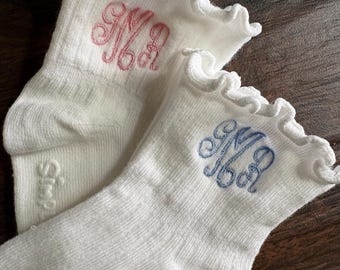 Custom Embroidered Ruffle Socks: Monogrammed School Uniform - upright ruffle sock, not folded over