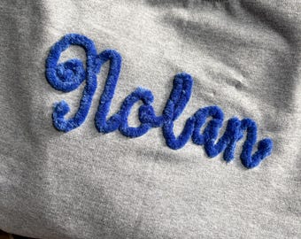 Chenille Yarn Script Sweatshirt: Custom Team Spirit Fluffy Letters, High School, College, Mascot, Sorority