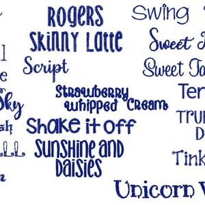 Op de afbeelding: Een verzameling marineblauwe tekstzinnen en woorden in verschillende lettertypen, waaronder "I love Glitter", "Rogers", "Swing Summer", "Jack & Jill", "Skinny Latte" en "Unicorn Wishes".