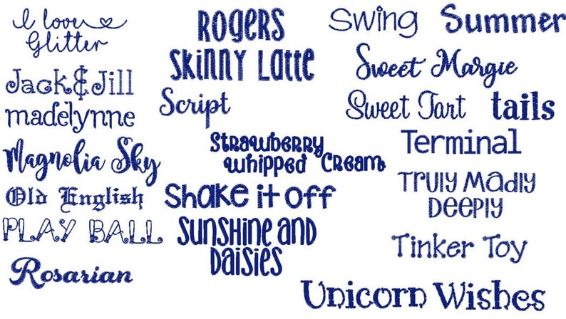 Op de afbeelding: Een verzameling marineblauwe tekstzinnen en woorden in verschillende lettertypen, waaronder "I love Glitter", "Rogers", "Swing Summer", "Jack & Jill", "Skinny Latte" en "Unicorn Wishes".