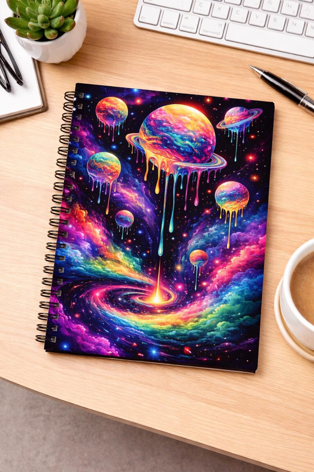 Sprical Notebook Psychedelic Galaxy Spiral Notebook, Melting Planets Space Journal ...