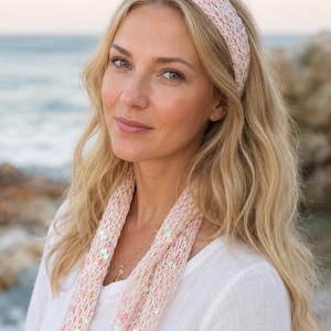 Soft Pink Sequin Crochet Scarf with beaded fringes Handmade Lace Wrap, Boho Hair Accessory