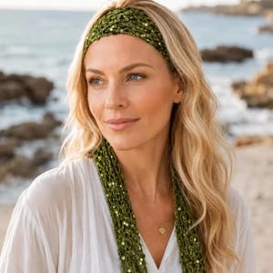 Warm Green Sequin Crochet Scarf with Long Fringe