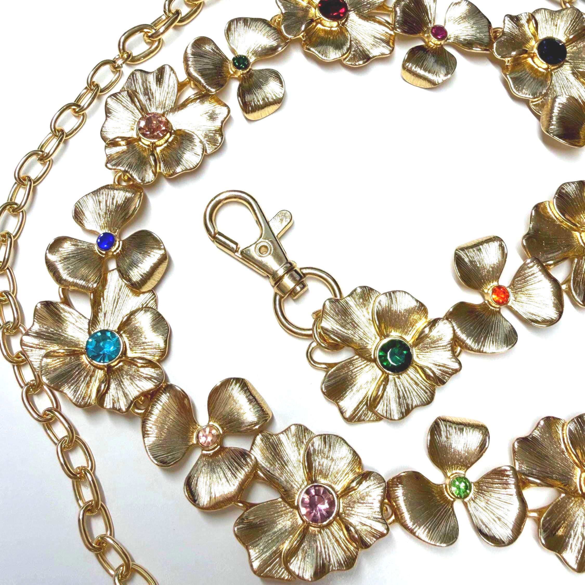Gold Floral Chain Belt with Colorful Stones, Adjustable Waist Belt
