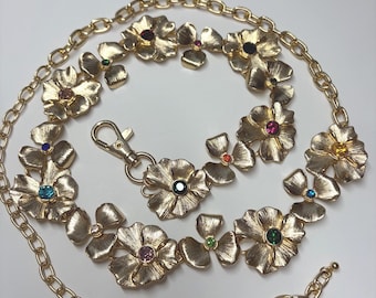 Gold Tone Floral Chain Belt with Colorful Glass Stones, Romantic Waist Accessory