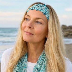 Turquoise Sequin Crochet Scarf with Long Fringe