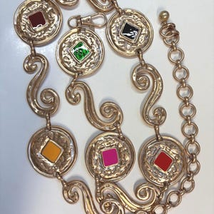 Neutral Multicolor Cord Belt with Large Gold Medallion Vintage Women main image 3