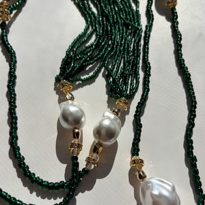 Handmade Emerald Green Beaded Lariat Necklace or Belt - Baroque Pearl Tassel Versatile Bohemian Jewelry