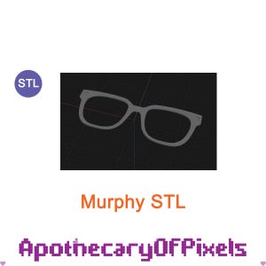 May include: A gray, 3D-rendered model of eyeglasses. The image includes the text "Murphy STL" in orange and "ApothecaryOFPixels" in purple. A purple circle with the letters "STL" is in the upper left corner.