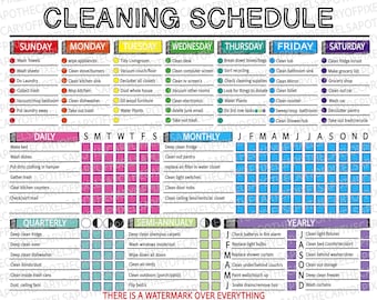 May include: A colorful cleaning schedule chart with daily, weekly, monthly, quarterly, semi-annually, and yearly tasks. The chart includes tasks like washing towels, cleaning the kitchen, and decluttering. The text "CLEANING SCHEDULE" is at the top.