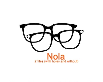 Pode incluir: Dois pares de óculos pretos sobrepostos em fundo branco. A palavra "Nola" está escrita em laranja, com o texto "2 arquivos (com furos e sem)" abaixo. O nome da loja "ApothecaryOFpixels" está na parte inferior.