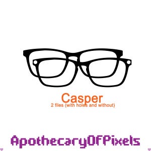 Könnte beinhalten: Zwei Brillen mit schwarzem Rahmen sind auf weißem Hintergrund gestapelt. Das Wort "Casper" steht in Orange unter den Brillen, darunter der Text "2 Dateien (mit Löchern und ohne)". Der Text "ApothecaryOFPixels" steht unten in Lila.