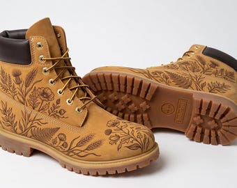 Hand Painted Floral Boots Made to Order Wildflower Botanical Wheat Leather Work Boots