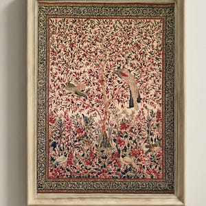 Persian Garden Textile Art Print | Tree of Life Wall Art | Oriental Birds Tapestry Style | Maximalist Decor | Digital Download