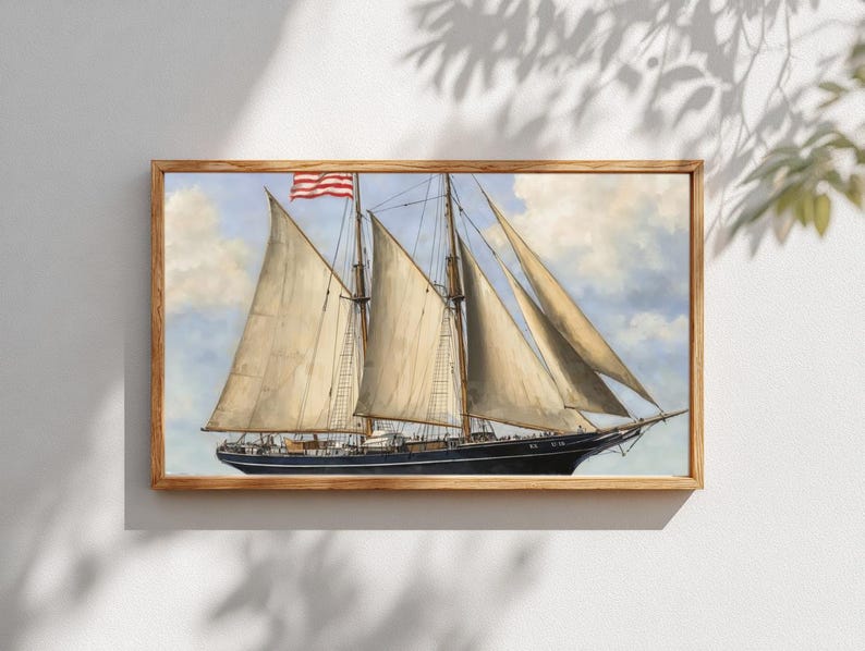 Sailing Schooner American Flag Print | Classic Nautical Wall Art ...