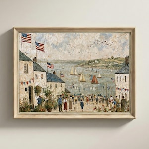 May include: A framed oil painting depicting a coastal harbor scene with stone buildings, American flags, and numerous sailboats on the water. A crowd of people gathers on the shore near the buildings, with laundry hanging on lines between structures.