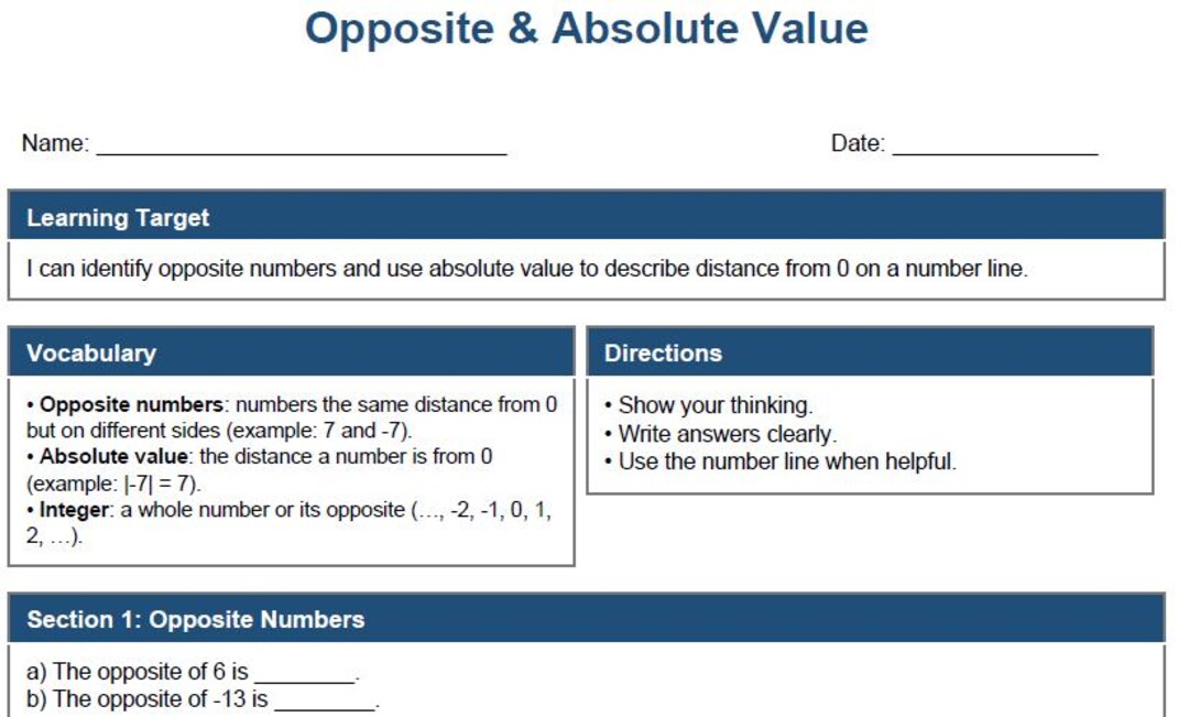 Worksheet - Opposites & Absolute Values (6th Grade) - Etsy