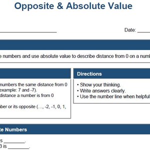 May include: A worksheet titled "Opposite & Absolute Value" with sections for name and date. It includes learning targets, vocabulary definitions, and directions. The worksheet has a blue and white color scheme and is designed for math practice.