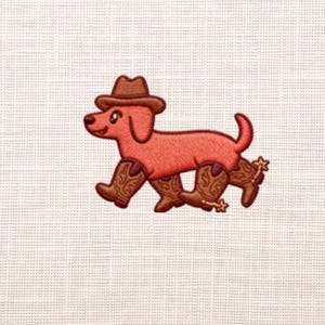 May include: Embroidered patch featuring a cartoon dog wearing a brown cowboy hat and cowboy boots with spurs. The dog is a reddish-brown color and is walking on a light beige background.