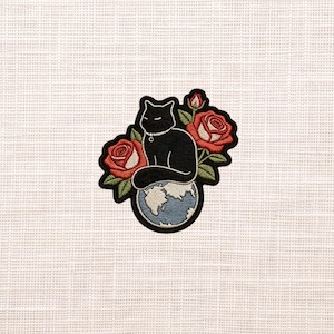 Black Cat Earth Globe Red Roses Embroidered Patch, Iron on, Sew on, Hook and Loop