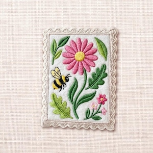 Pink Daisy Flower and Bumblebee Stamp Embroidered Applique, Iron on, Sew on, Hook and Loop