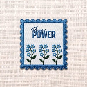 Bloom Power Blue Flower Stamp Embroidered Patch, Iron on, Sew on, Hook and Loop