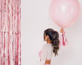 36" jumbo ronde latexballon pastelroze met glinsterende roze kwast 90 cm | Roze foliegordijn | Hartballonset roségoud