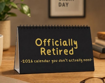 Calendario de escritorio "Jubilado oficialmente 2026" – Divertido regalo de jubilación, encuadernado en espiral, 25,4 x 12,7 cm.