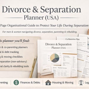 Op de afbeelding: Een planner getiteld "Divorce & Separation Planner (USA)" met een gids van 60 pagina's. De afbeelding toont de planner met checklists voor kinderen, financiën, huisvesting, juridische voorbereiding en emotionele helderheid.