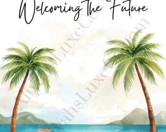 May include: Watercolor illustration of a beach scene with palm trees, ocean, and a red and white striped umbrella. The text reads "Celebrating the Journey, Welcoming the Future."