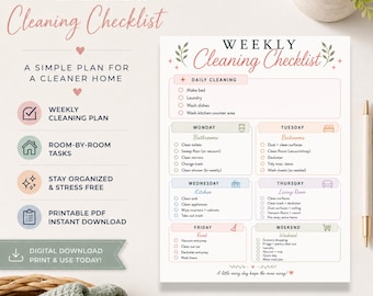 May include: A weekly cleaning checklist printed on white paper with pastel-colored headers for each day of the week. The document includes sections for daily cleaning tasks and specific chores for Monday through Sunday, featuring checkboxes for tracking progress.