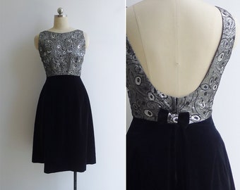 Vintage '60s Metallic Brocade & Velvet Low Back Party Dress S