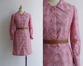 Vintage '70s Pink Abstract Diamond Print Mod Shift Dress XS-S