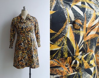 SALE - Vintage '70s 'Bamboo Forest' Black & Orange Leaves Printed Dress XS-S
