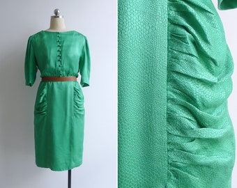 SALE - Vintage '80s Jean-Louis Scherrer 'Lizard Lady' Green Silk Dress S-M