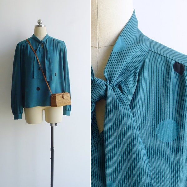 SALE - Vintage '80s Teal Green Graphic Spot & Striped Blouse M or L