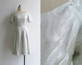 SALE - Vintage '50s 'Ice Queen' Pale Blue Green Silk Brocade Dress S