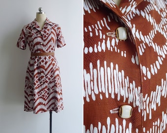 SALE - Vintage '80s Brown Abstract Op Art Print Shirt Dress S-M