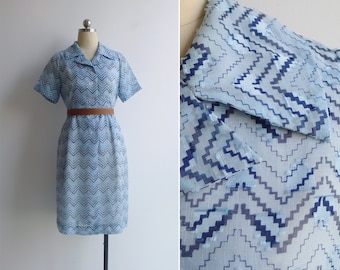 SALE - Vintage 80's Blue Chevron Zig Zag Print Shirt Dress M