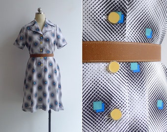 SALE - Vintage '80s 'Hip To Be Square' Op Art Print Shirt Dress S-M