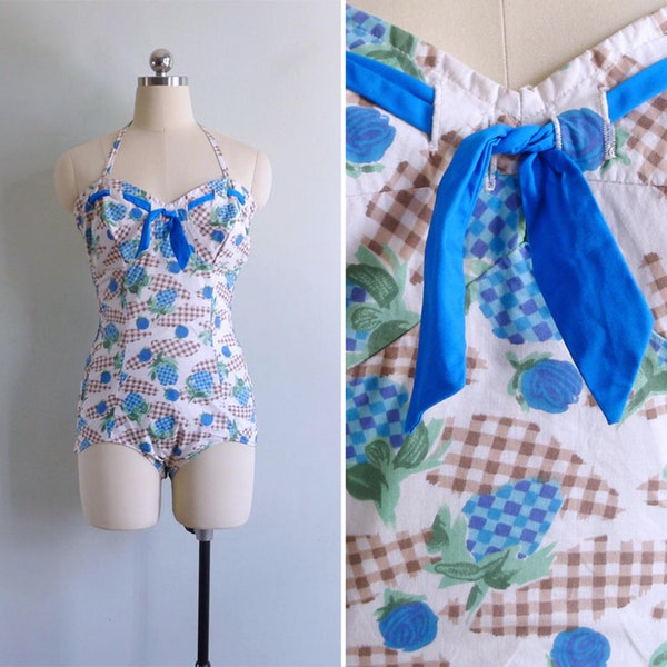 SALE - Vintage 50's 'Strawberries & Roses' Novelty Cotton Smocked Swimsuit L-XL