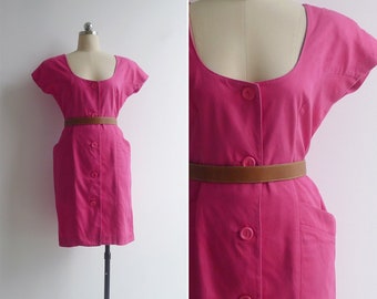 50% OFF - Vintage '80s Hot Pink Scoop Neck Textured Wiggle Dress M