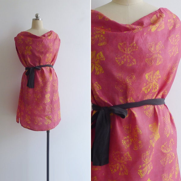 SALE - Vintage '90s Cowl Neck Pink & Yellow Batik Shift Dress M-L