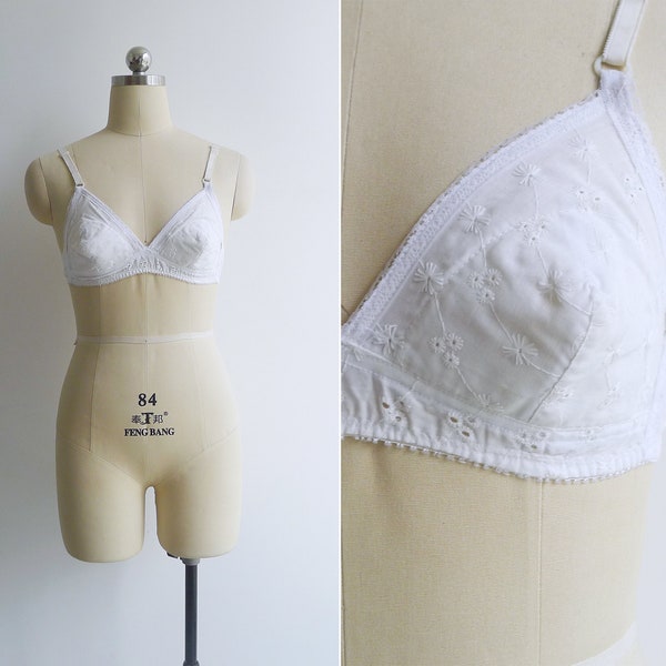 VENTE - soutien-gorge brodé d'oeillets fleuris Broderie Anglaise vintage des années 70 XS-S