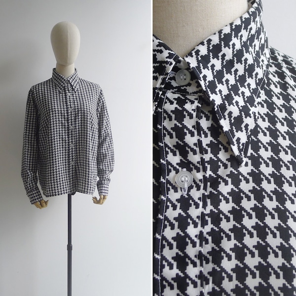 SALE - Vintage '80s Houndstooth Check Black & White Shirt L XL XXL