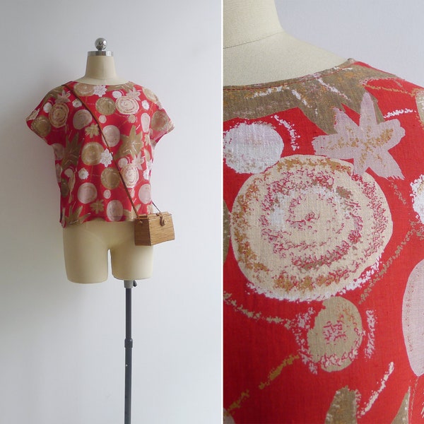 SALE - Vintage 80er Jahre 'Starburst Floral' Rote Bluse mit abstraktem Print S-M